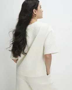 Petite Cream Short Sleeve Jacquard T-shirt