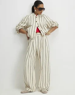 Petite Cream Stripe Wide Leg Trousers
