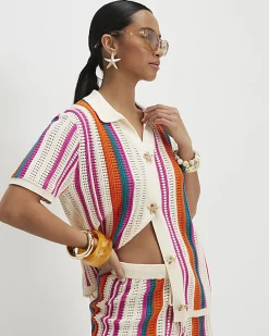 Petite Cream Striped Crochet Shirt