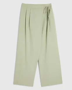 Petite Green Wrap Detail Wide Leg Trousers