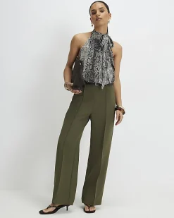 Petite Khaki Belted Straight Leg Trousers
