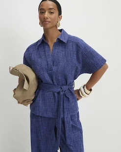 Petite Navy Cotton Collared Belted Top