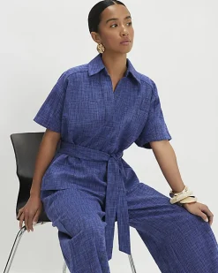 Petite Navy Cotton Collared Belted Top