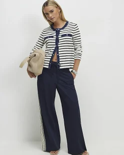 Petite Navy Pinstripe Crochet Joggers