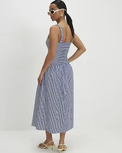 Petite Navy V Neck Stripe Midi Dress