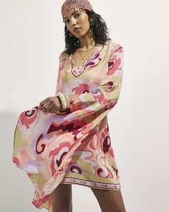 Petite Orange Swirl Plunge Mini Tunic Dress