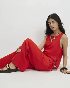 Petite Red Linen Trousers