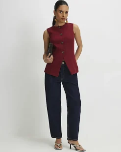 Petite Red Sleeveless Button Detail Waistcoat