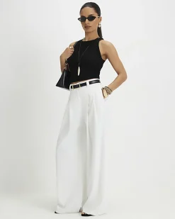 Petite White Pleated Wide Leg Trousers