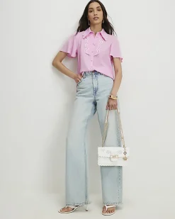 Pink Angel Sleeve Scallop Trim Blouse
