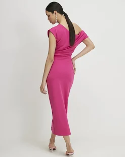 Pink Asymmetric Drape Wrap Midi Dress