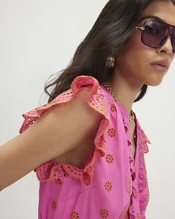 Pink Broderie Frill Sleeve Blouse