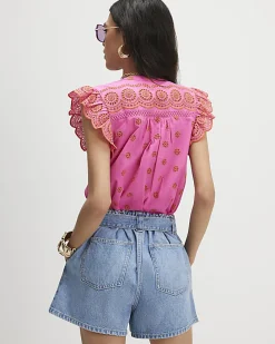 Pink Broderie Frill Sleeve Blouse