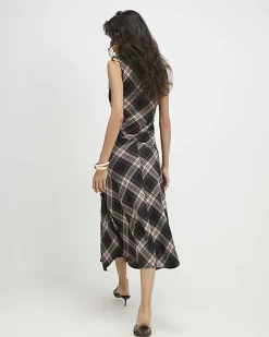 Pink Check Cowl Neck Asymmetric Midi Dress
