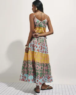 Pink Colour Block Floral Maxi Skirt