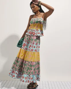 Pink Colour Block Floral Maxi Skirt