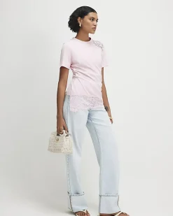 Pink Cotton Short Sleeve Lace Aysmmetric Top