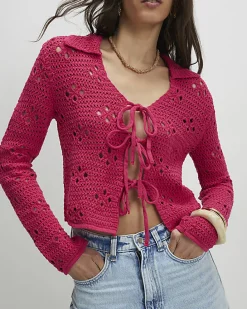 Pink Crochet Tie Front Cardigan