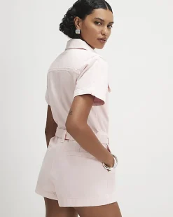 Pink Denim Short Sleeve Playsuit
