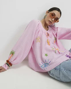 Pink Embroidered Conversational Print Shirt