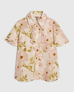Pink Floral Angel Sleeve Scallop Trim Top