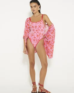 Pink floral printed swimsuit