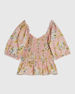 Pink Floral Puff Sleeve Shirred Top