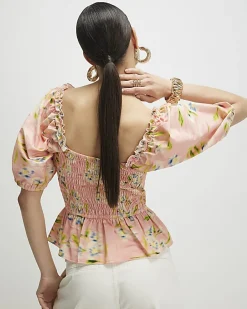Pink Floral Puff Sleeve Shirred Top