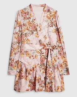 Pink Floral Satin Belted Mini Shirt Dress