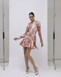 Pink Floral Satin Belted Mini Shirt Dress
