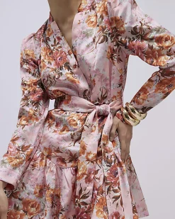 Pink Floral Satin Belted Mini Shirt Dress