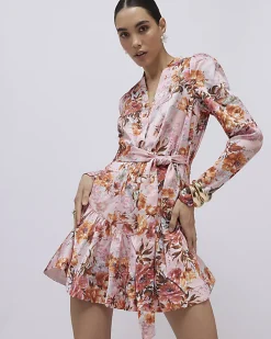 Pink Floral Satin Belted Mini Shirt Dress
