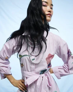 Pink Floral Stripe Shirt Dress