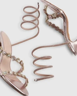 Pink Flower Embellished Wrap Heeled Sandals
