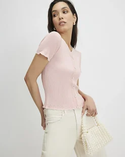 Pink Frill Trim Ribbed Knitted Top