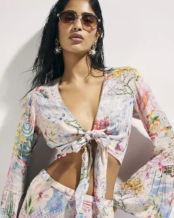 Pink Graphic Print Tie Front Beach Top