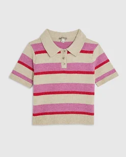 Pink Knit Striped Short Sleeve Polo Top