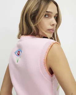 Pink Knitted Palm Tree Embroidered Tank Top
