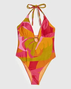 Pink Leaf Print Swimsuit