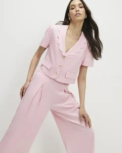 Pink Linen Blend Cropped Scallop Trim Jacket