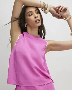 Pink Linen Blend Scallop Trim Tank Top