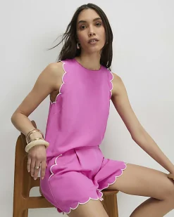 Pink Linen Blend Scallop Trim Tank Top