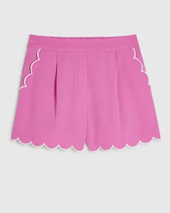 Pink Linen Blend Scallop Trim Shorts