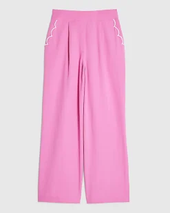 Pink Linen Blend Scallop Wide Leg Trousers