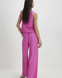 Pink Linen Blend Scallop Wide Leg Trousers
