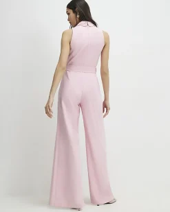 Pink Linen Blend Scallop Trim Jumpsuit