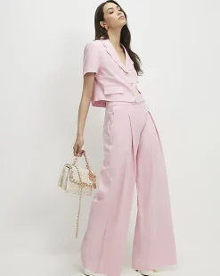Pink Linen Blend Scalloped Wide Leg Trousers