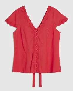 Pink Linen Lace Trim Top
