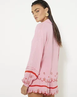 Pink Long Sleeve Embroidered Beach Shirt