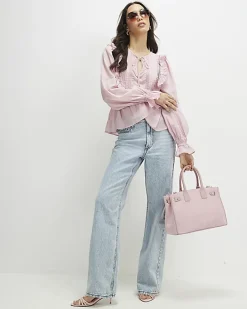 Pink Long Sleeve Lace Insert Blouse